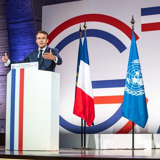 Le président français Emmanuel Macron pendant un discours au G7 de l'Education et du développement [EPA/Keystone - Christophe Petit Tesson]