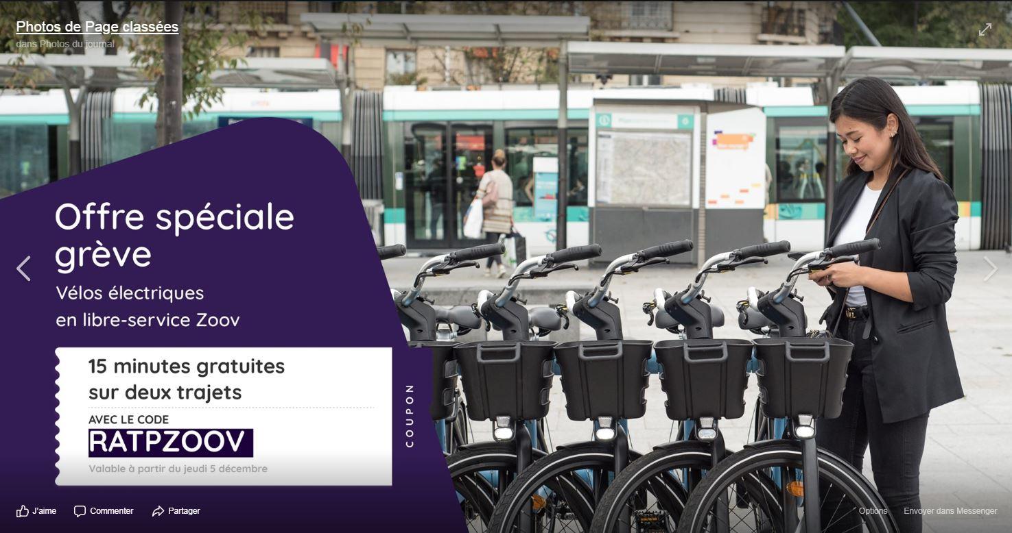 Le service de vélos électriques en libre-service Zoov offre un code promotion pour les jours de grève. [RTS - Capture d'écran Facebook]