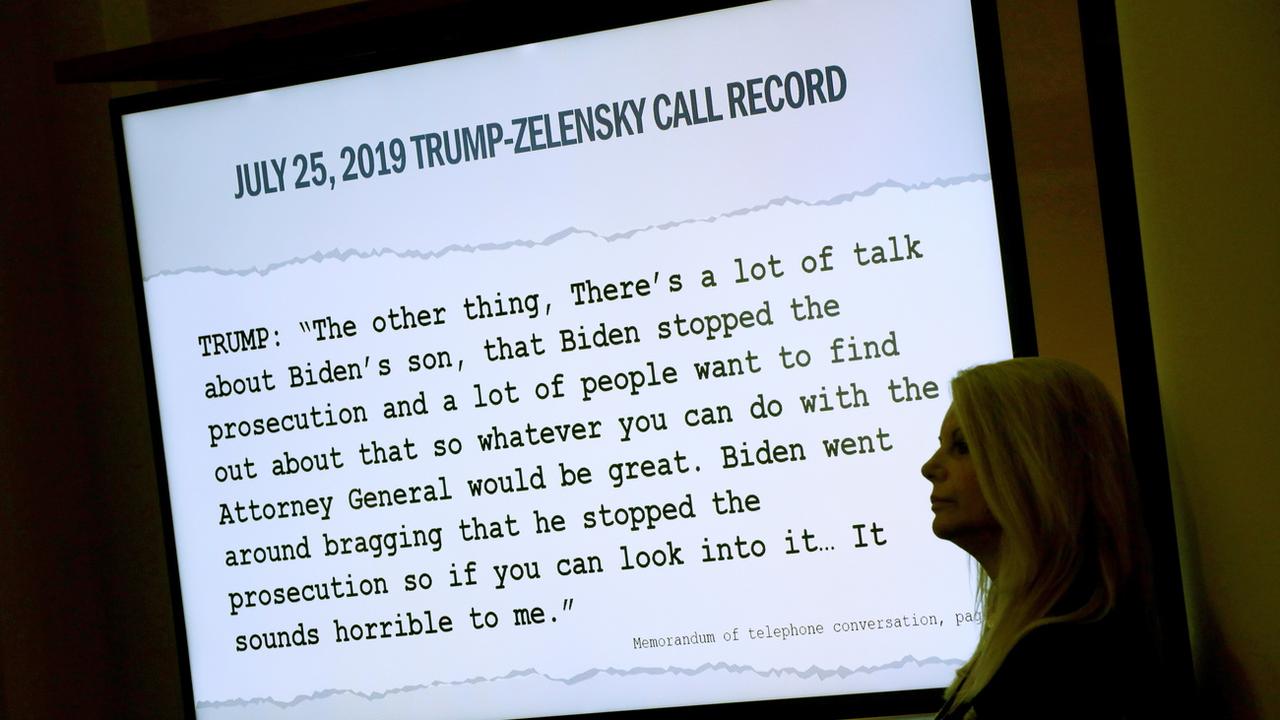 Une transcription du coup de fil entre Donald Trump et Volodymyr Zelensky, montrée lors d'une audience dans la procédure d'impeachment, ce 15 novembre 2019 à Washington. [EPA - Alex Wong]