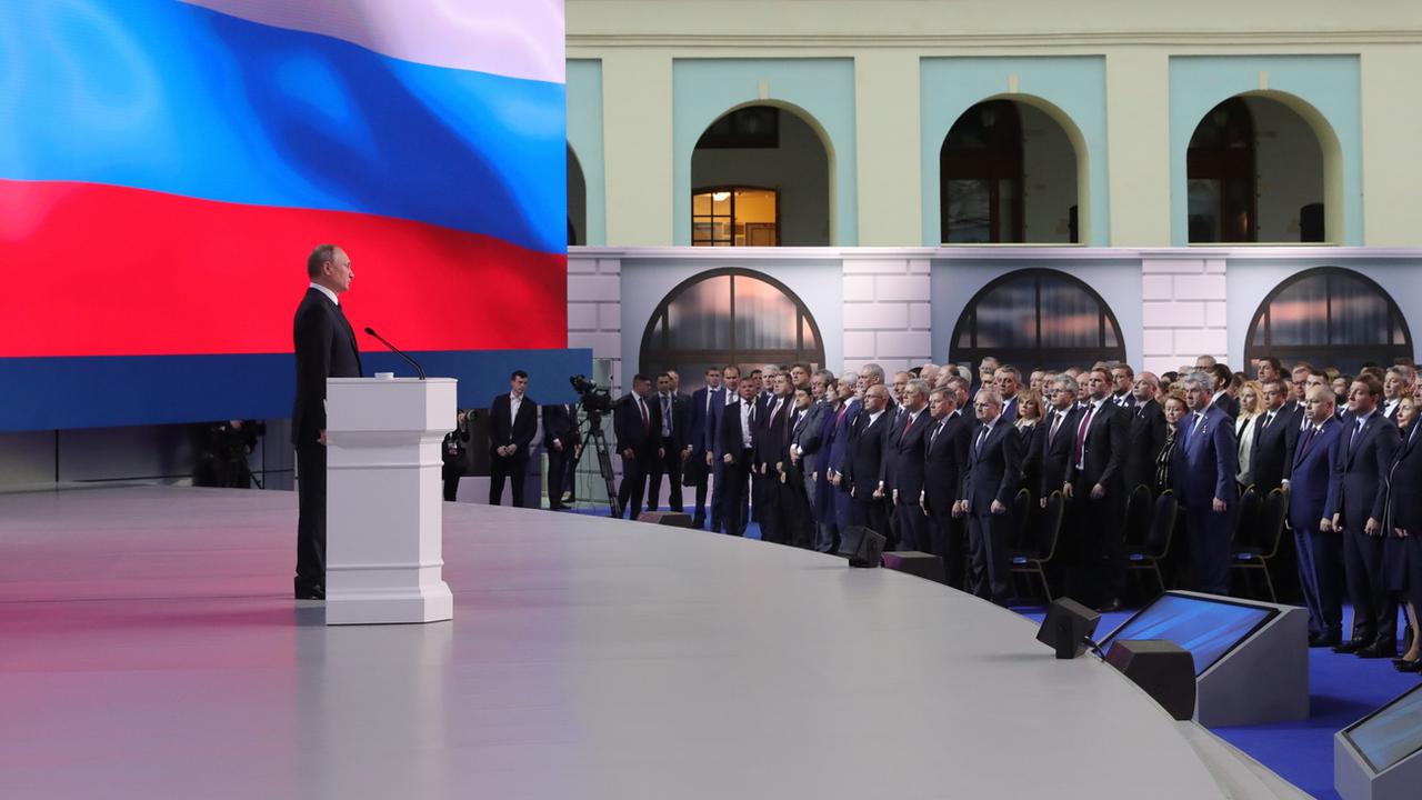 Le président russe Vladimir Poutine lors de son discours devant l'Assemblée fédérale. [Keystone/EPA/Sputnik/Kremlin Pool - Michael Klimentyev]