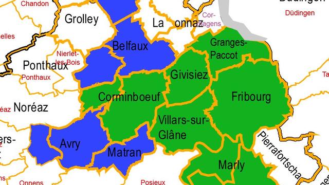 La carte des neuf communes du Grand Fribourg.