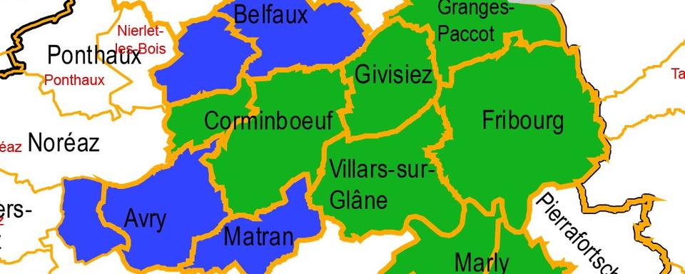 La carte des neuf communes du Grand Fribourg.