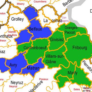 La carte des neuf communes du Grand Fribourg.