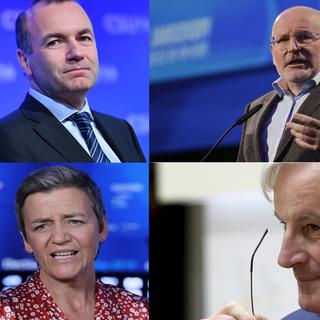 Manfred Weber (conservateurs), Frans Timmermans (socialistes), Margreth Vestager (libéraux) et Michel Barnier (conservateurs) sont les prétendants à la présidence de la Commission européenne. [EPA/AP - Philipp Guelland, Olivier Hoslet, Petros Karadjas]