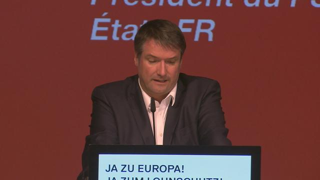 Le président du PS Christian Levrat lors de l'assemblée des délégués du parti à Arth-Goldau, dans le canton de Schwytz, le 2 mars 2019. [RTS]