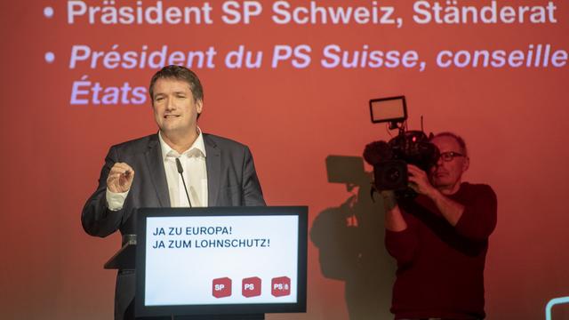 Le président du Parti socialiste suisse Christian Levrat s'exprime lors de l'assemblée des délégués de la formation le 2 mars 2019. [Keystone - Urs Flueeler]