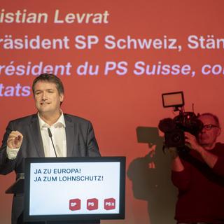 Le président du Parti socialiste suisse Christian Levrat s'exprime lors de l'assemblée des délégués de la formation le 2 mars 2019. [Keystone - Urs Flueeler]