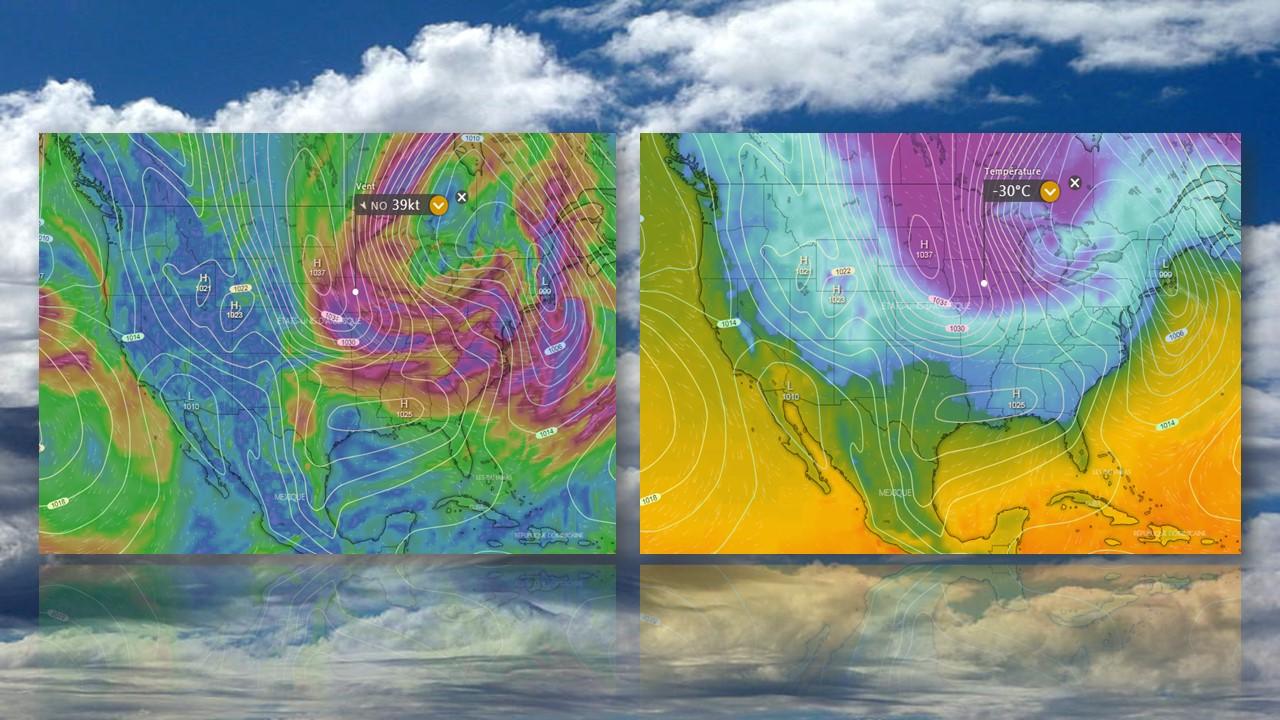 Vents à 850 Hpa (1500m) et températures au sol le 30 janvier 2019 [ecmwf]