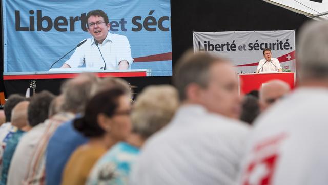 Albert Roesti, président de l'UDC, lors de l'assemblée des délégués à Orbe. [Keystone - Jean-Christophe Bott]