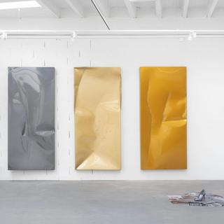 Une image de l'exposition "Swiss made" de à la galerie Ribordy Thetaz de Genève. Ici les oeuvres de Sylvie Fleury, "Crash Test" (G-917), 2010, et "Wild Pairs", 2019. [ribordythetaz.com]
