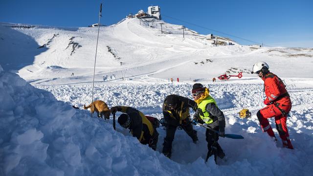 Des secouristes et un chien cherchent une victime lors d'un exercice de sauvetage. [Keystone - Jean-Christophe Bott]