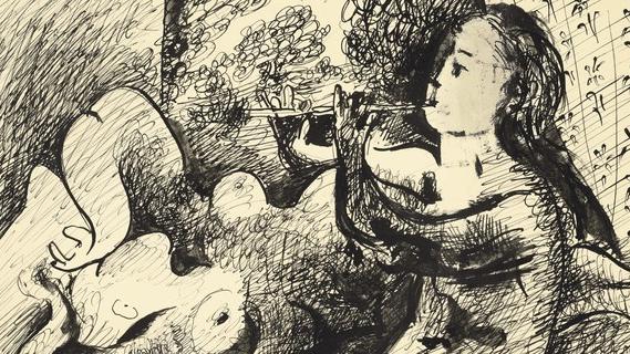 Détail du dessin "Joueuse de flûte et nu couché" de Pablo Picasso, exécuté à Paris le 22 octobre 1932. [Christie’s Images Ltd, 2019.]