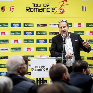Richard Chassot, directeur du Tour de Romandie, le 17.04.2019 à Morat. [Keystone - Jean-Christophe Bott]