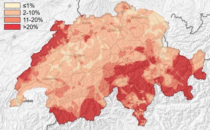 La probabilité de dépassement de la valeur de référence du radon (en %), selon les mesures de l'OFSP [Office fédéral de la santé publique]