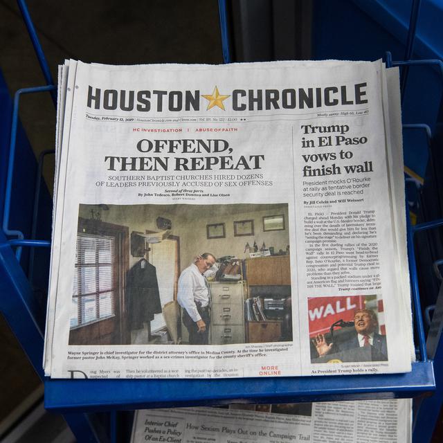La une du Houston Chronicle le 12 février 2019 sur le scandale pédophile au sein de l'Eglise baptiste américaine. [AFP - Loren Elliott]
