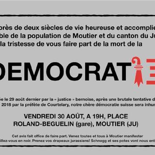 Les partisans d'un rattachement de Moutier au canton du Jura appellent à manifester vendredi soir [Moutier Democrat]