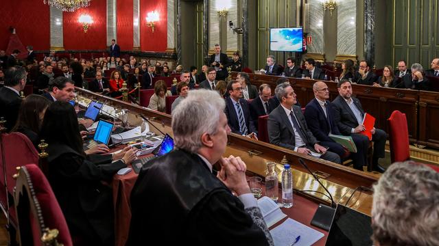 Le procès d'une douzaine d'indépendantistes catalans au Tribunal Suprême de Madrid, ici le 12 février 2019. [Keystone - Emilio Naranjo/Pool via AP]
