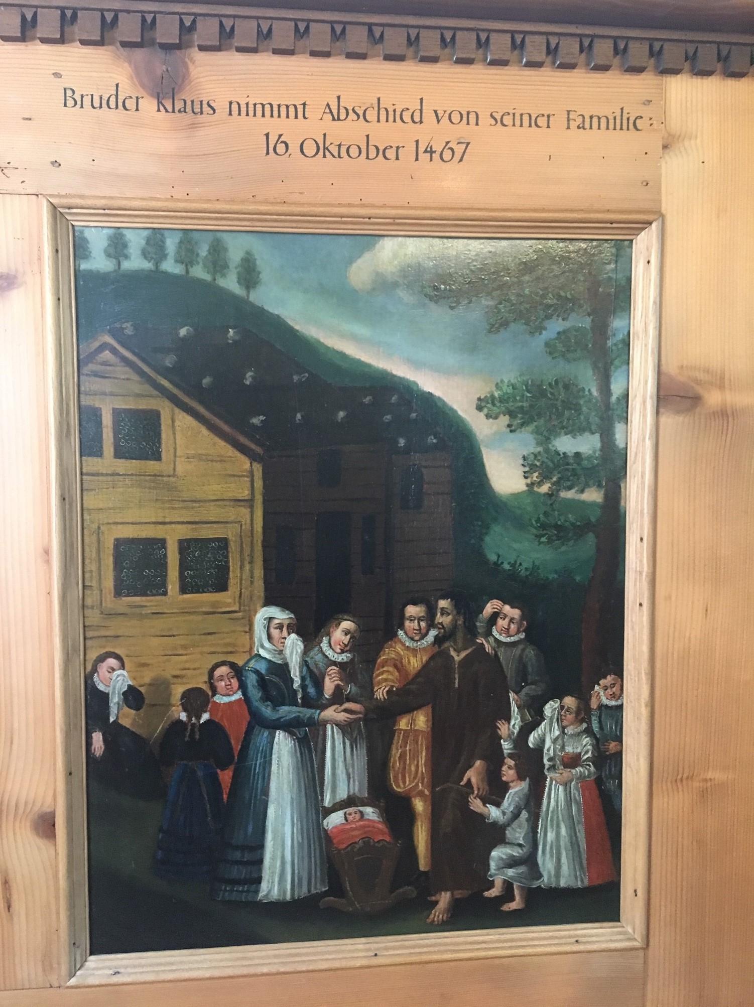 Dans la chapelle du Ranft, une peinture qui illustre le départ de Nicolas. [RTS - Delphine Gendre]
