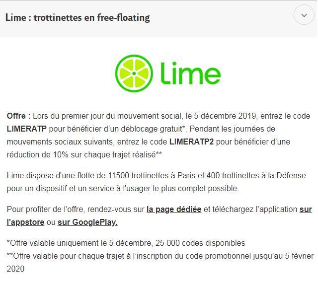 Le service de trotinettes Lime fait une promotion spéciale grève. [RTS - Capture d'écran RATP]