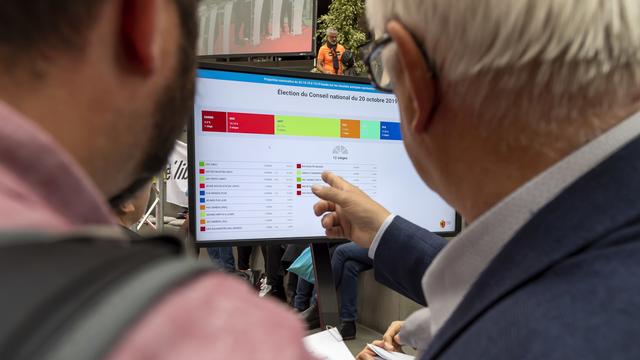 Des personnes suivent les résultats des élections fédérales, le 20 octobre à Uni Mail à Genève. [Keystone - Martial Trezzini]