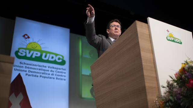 Albert Rösti devant l'assemblée de l'UD à Amriswil, samedi 30.03.2019. [Keystone - Gian Ehrenzeller]