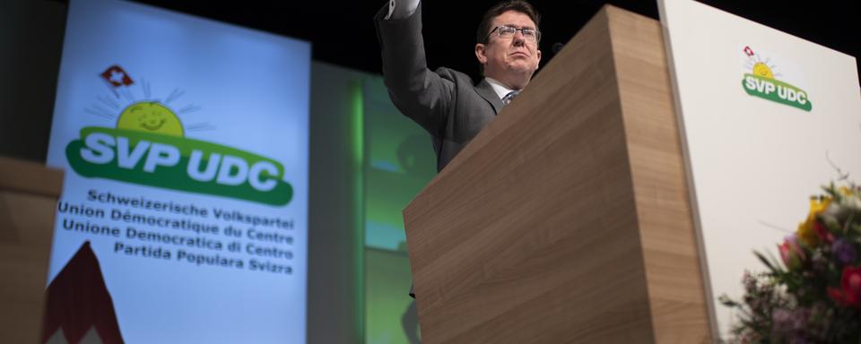 Albert Rösti devant l'assemblée de l'UD à Amriswil, samedi 30.03.2019. [Keystone - Gian Ehrenzeller]