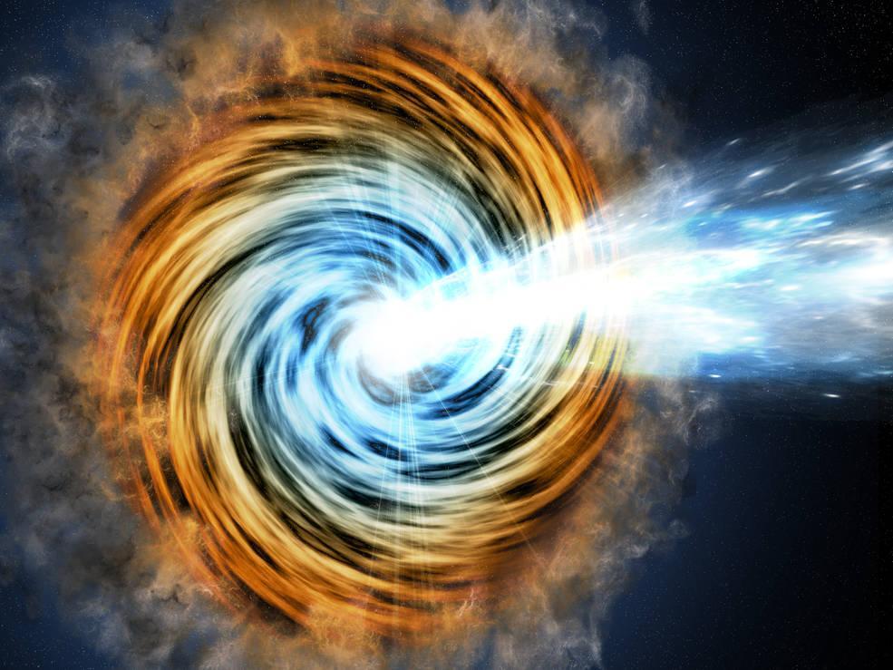 Lorsqu'un trou noir se crée, il émet pendant un bref instant une gigantesque bouffée de lumière très énergétique sous forme de rayons gamma, nommée sursaut gamma. [NASA/JPL-Caltech/GSFC]