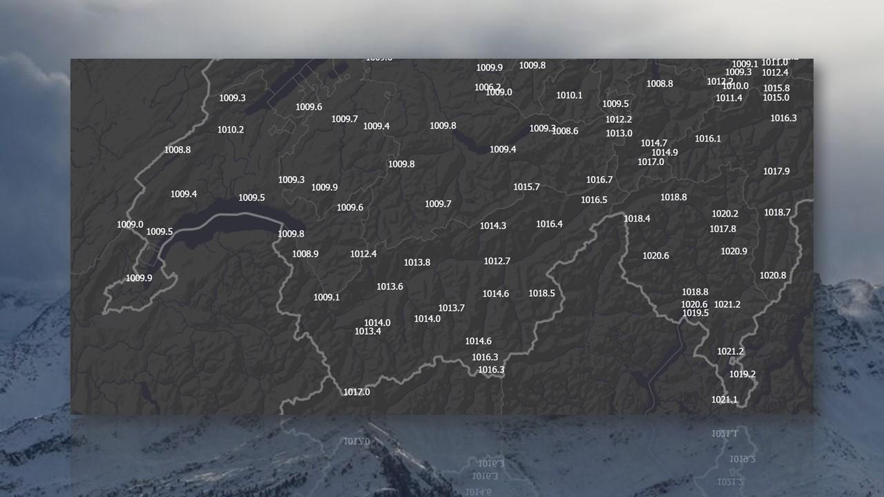 Mesures de la pression au sol (QNH) le 16 décembre 2019 à 13h40 [Météosuisse]