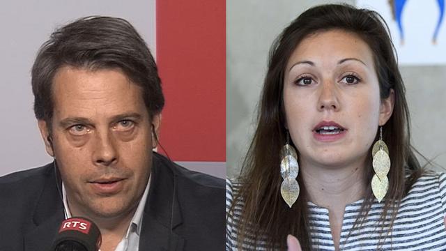 Yves Gerber, directeur de la section genevoise du TCS, et Caroline Marti, députée socialiste au Grand Conseil et vice-présidente de l'Association transports et environnement à Genève. [RTS]