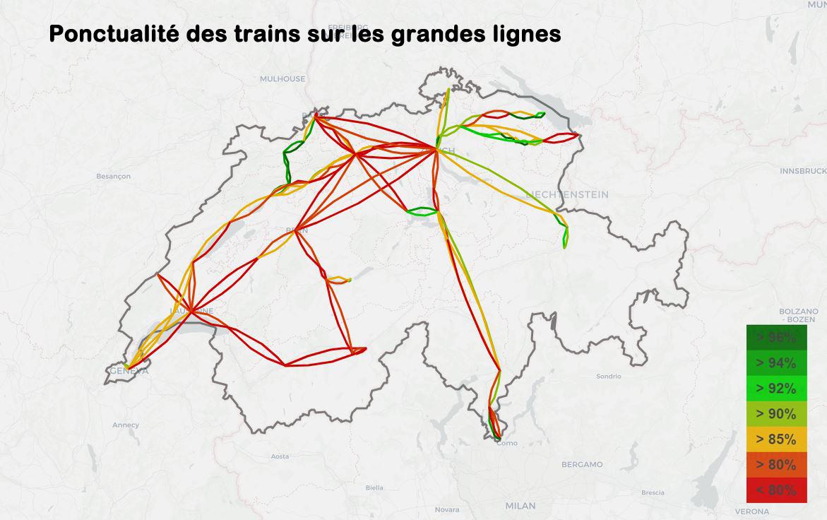 La carte de la ponctualité sur les grandes lignes (IC, EC, ICE, TGV et Railjet), calculée sur un an. [puenktlichkeit.ch - Mestiri, Feriel (RTS)]