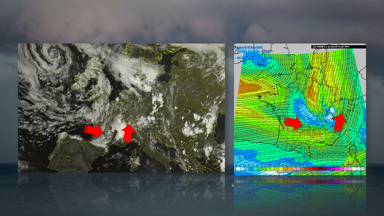 Image satellite et vents d'altitude le 15 juin 2019 à 17h locales [Eumetsat/Meteociel]