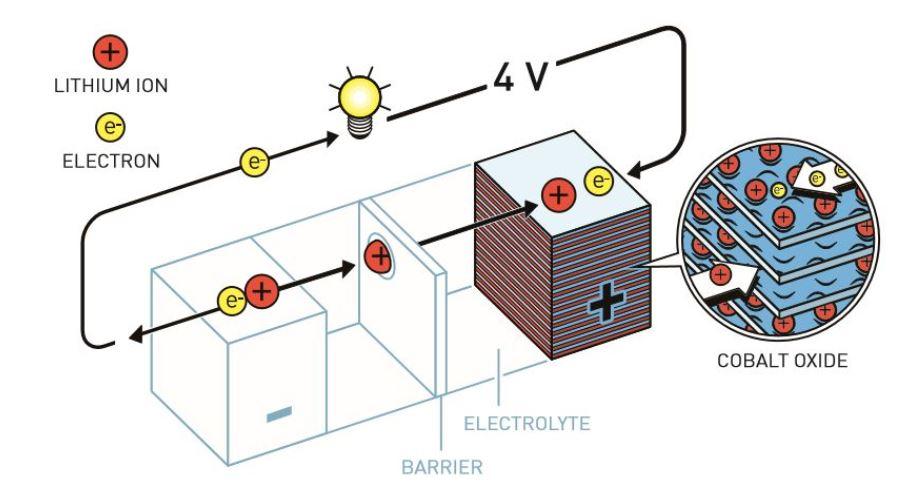 John B. Goodenough a commencé à utiliser de l'oxyde de cobalt dans la cathode de la batterie au lithium. Cela a eu pour effet de presque doubler le potentiel de la batterie et l'a rendue bien plus puissante. [The Royal Swedish Academy of Sciences - Johan Jarnestad]