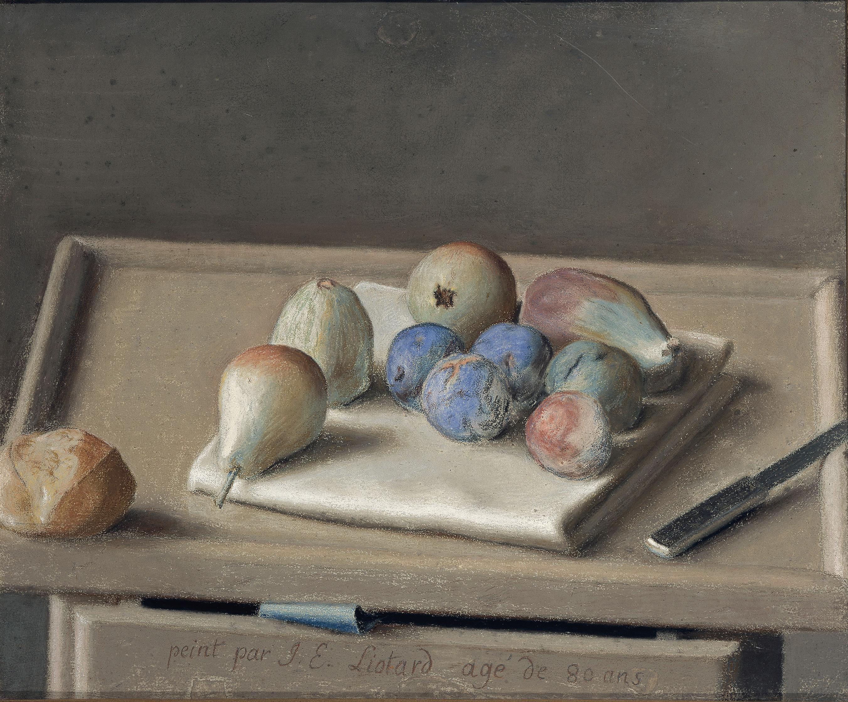 Jean-Etienne Liotard (1702-1789). Nature morte. Fruits sur une serviette, un petit pain, un couteau. 1782. [Cabinet d’arts graphiques du MAH, Genève - B. Jacot-Descombes]