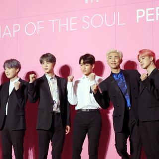 Le groupe de K-Pop BTS lors du lancement de son album "Map of the Soul: Persona" en avril 2019 à Séoul. [Keystone - EPA/YONHAP]