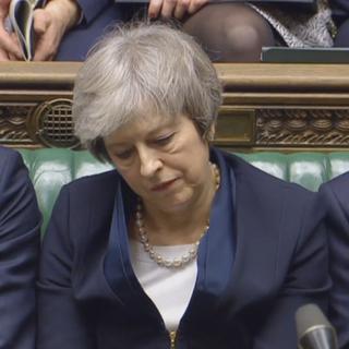 Theresa May lors du vote historique sur l'accord de Brexit, mardi soir à Westminster. [Keystone - PARLIAMENTARY RECORDING UNIT HANDOUT]