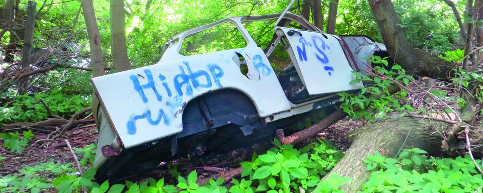 Carcasse de Trabant derrière un immeuble abandonné à Francfort-sur-l'Oder, Bergstrasse, juillet 2016. [DR - Nicolas Offenstadt]