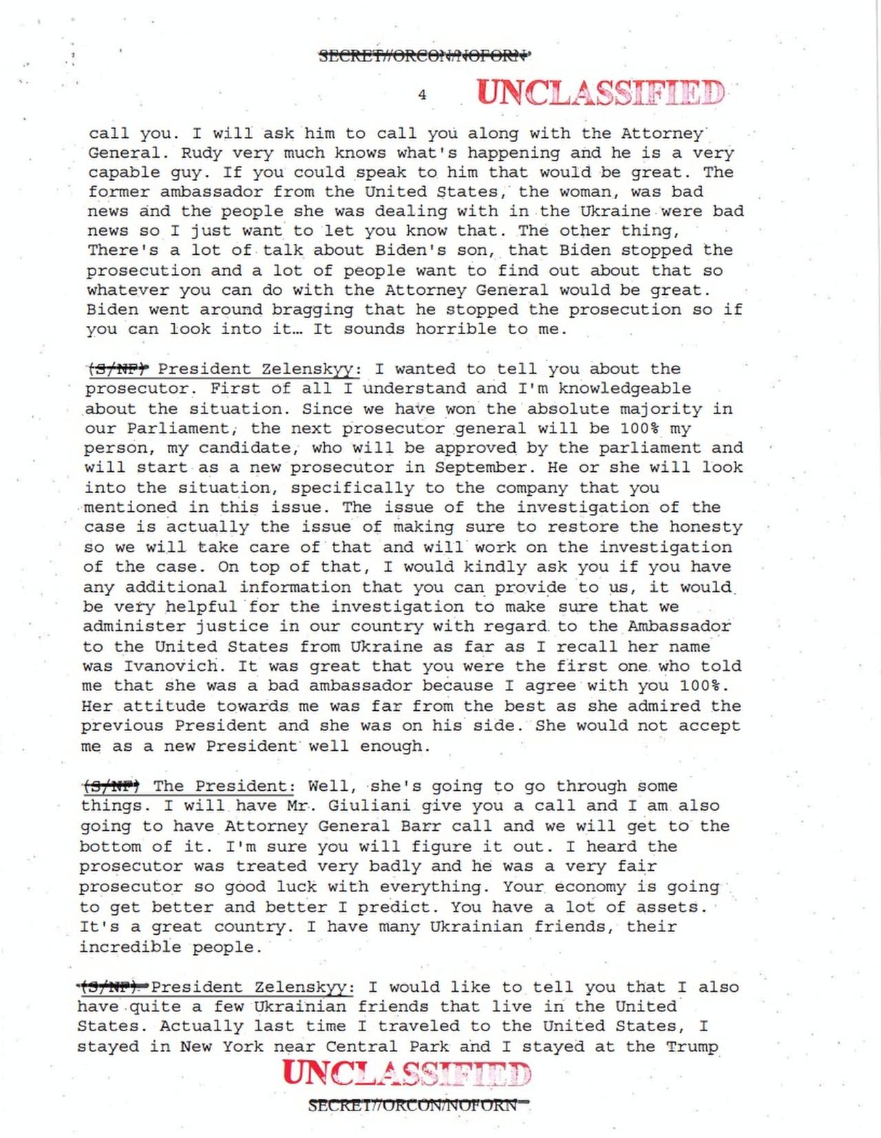 La 4e page (sur 5) de la retranscription du téléphone du 25 juillet 2019 entre Donald Trump et le président ukrainien Volodymyr Zelensky. [Reuters - U.S. Government Document/Handout via USA TODAY NETWORK]