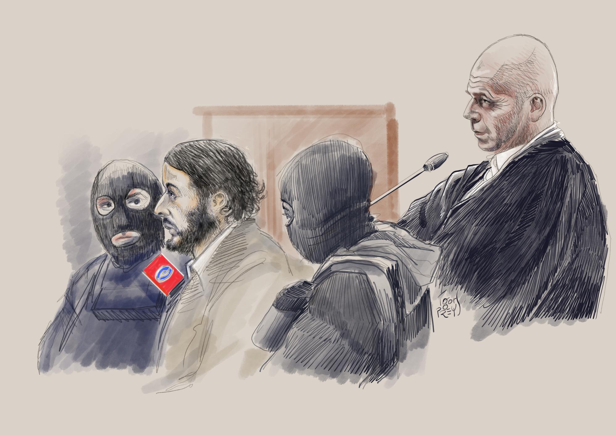 Salah Abdeslam (centre) et son avocat Sven Mary (derrière lui), croqués au tribunal à Bruxelles, le 5 février 2018. [Belga Mag/Belga - Igor Preys]