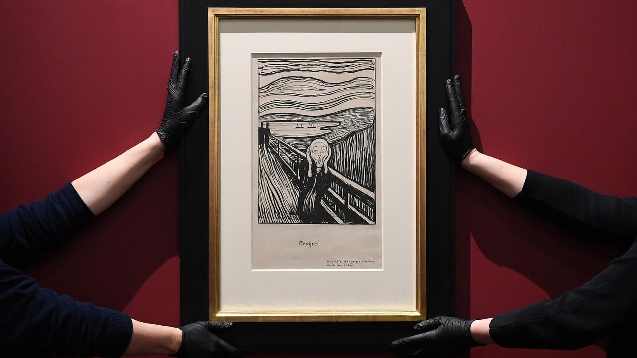 Une épreuve lithographique rare en noir et blanc du "Cri" d'Edvard Munch, présenté par le British Museum. [Keystone/epa - Andy Rain]