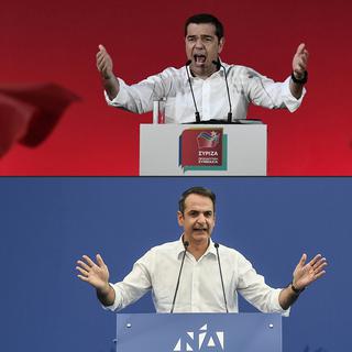 Les Grecs choisissent dimanche entre l'actuel Premier ministre Alexis Tsipras et son concurrent de droite Kyriakos Mitsotakis. [AFP - ANGELOS TZORTZINIS, SAKIS MITROLIDIS]