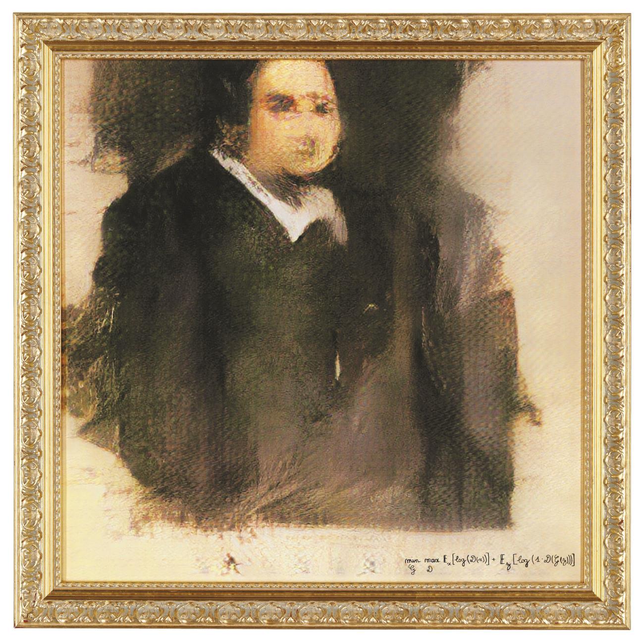 "Portrait d'Edmond de Belamy", adjugé pour près de 432'500 dollars lors de la première vente aux enchères proposant une oeuvre de ce type à New York. [Keystone - Photo Courtesy of Christie's via AP]