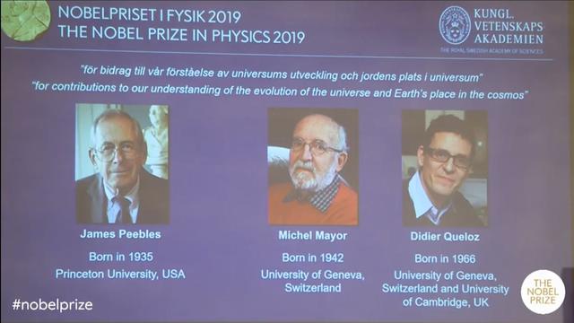 Le prix Nobel de Physique 2019 récompense Michel Mayor, Didier Queloz et James Peebles. [www.nobelprize.org - Capture d'écran]