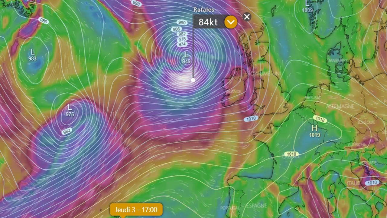 Position de Lorenzo et rafales au sol prévues par le modèle ECMWF, le 3 octobre à 15h UTC [ECMWF]