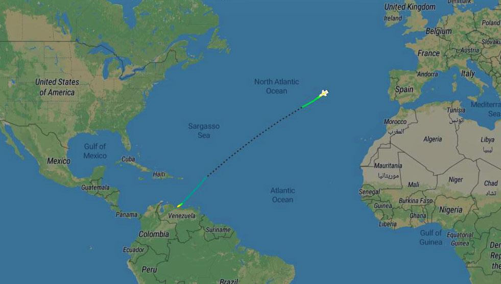 Tracé du vol aller du Falcon 900 de la Confédération vers Caracas. [radarbox24.com]