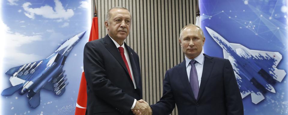 Recep Tayyip Erdogan a rencontré Vladimir Poutine pour évoquer Idleb, en Syrie, le 27 août 2019. [Pool Photo via AP/ Keystone - Maxim Shipenkov]