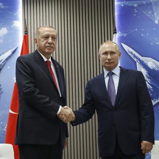 Recep Tayyip Erdogan a rencontré Vladimir Poutine pour évoquer Idleb, en Syrie, le 27 août 2019. [Pool Photo via AP/ Keystone - Maxim Shipenkov]
