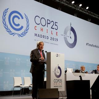 Le secrétaire général de l'ONU Antonio Guterres fait un discours à la cérémonie d'ouverture de COP25. [EPA/Keystone - Emilio Naranjo]