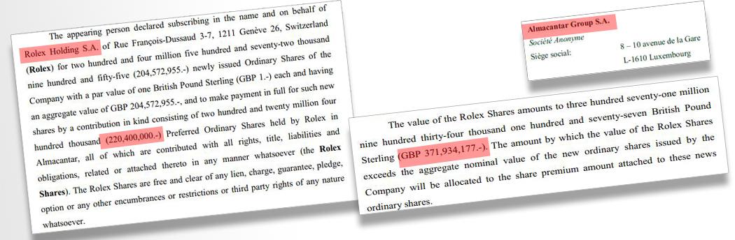Un procès-verbal de mars 2016 de la société Almacantar indique que l'investissement original de Rolex de 220 millions de livres sterling était évalué à près de 372 millions, soit  485 millions de francs.