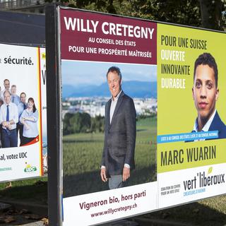 Une affiche du vigneron genevois indépendant Willy Cretegny, candidat aux élections fédérales de 2019. [Keystone - Salvatore Di Nolfi]