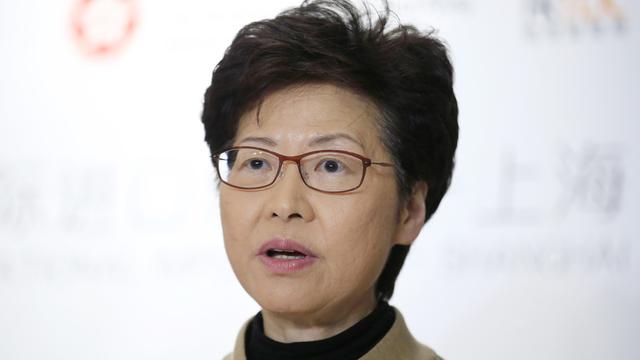 La cheffe de l'exécutif de Hong Kong Carrie Lam, lors d'une conférence de presse à la Chambre de commerce de Hong Kong, le 5 novembre. [Pool Photo via AP - Aly Song]